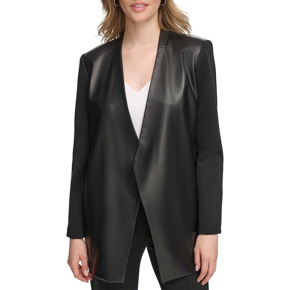 Calvin Klein Faux Leather Open Front Blazer 10 NWT Black Mixed Media Modern